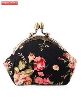 Canvas Floral Coin Purse with Kiss Lock Clasp, Cute Change Pouch